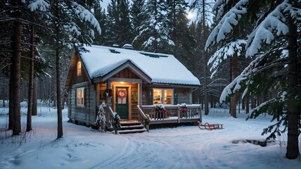 A charming wooden cabin nestled in a snowcovered forest at dusk, illuminated by warm lights, creating a cozy winter wonderland scene
