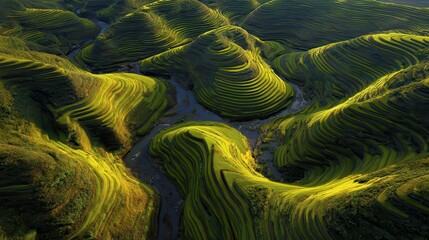 Abstract Green Landscape with Pixelated Terrain and Flowing Water Under Sunlight
