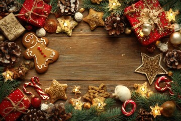 Festive Christmas Arrangement On Rustic Wooden Table Featuring Ornaments Gifts And Decorations Illuminated With String Lights