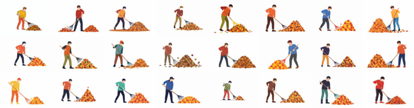 Collection of vector illustrations showing young men raking colorful autumn leaves into large piles, symbolizing fall cleanup and seasonal yard work.