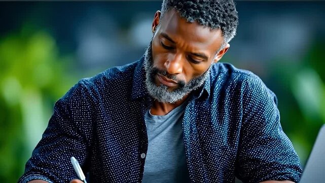 A man sitting at a table with a laptop and a pen in his hand