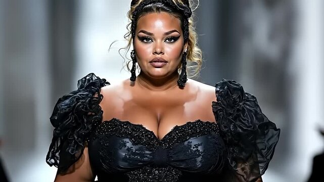 A woman in a black dress walking down a runway