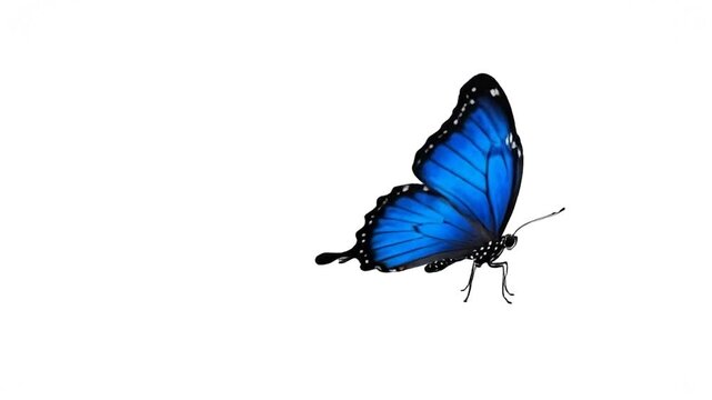 Vibrant blue butterfly with detailed black and white markings on a clean white background