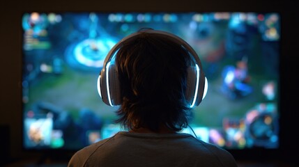 Intense gaming session: a person immersed in a vibrant video game with glowing headphones