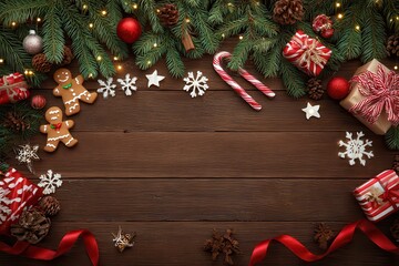 Festive Christmas Arrangement On Rustic Wooden Tabletop With Decorations And Ornaments