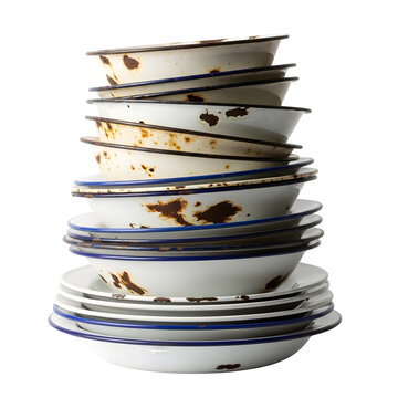 Tall stack of antique white enamelware bowls and plates featuring blue rims and significant surface rust isolated on black