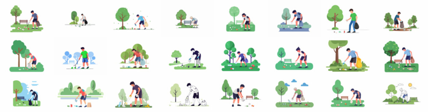 Environmental cleanup collection: People picking up trash and litter in parks, promoting conservation and volunteer service.