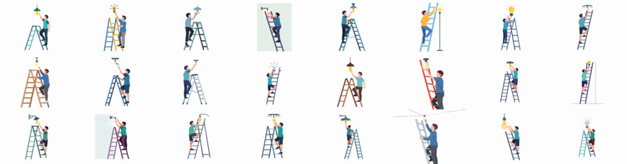 Flat vector set of men changing light bulbs on ladders, depicting repair, maintenance, and installation of lighting fixtures. © Sabiqul