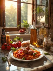 a delicious plate of pasta with meatballs, accompanied by fresh tomatoes and herbs, set near a window