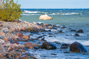 Ocean waves breaking over a rocky beach with colourful, round stones. Coastal seashore landscape featuring blue water, white surf, green foliage and a large boulder, scenic seaside nature environment