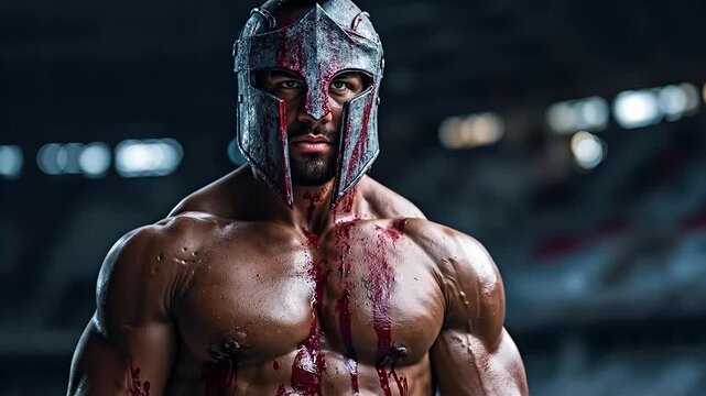 A man in a spartan helmet with blood on his face