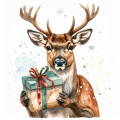 Festive Reindeer Holding Christmas Gift