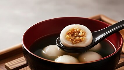 Tang Yuan with Peanut Filling in Ginger Soup, Traditional Chinese Dessert Served in Lacquer Bowl on Wooden Tray