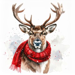 Deer in Red Scarf with Snowflakes