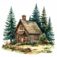 Cozy Forest Cabin in Watercolor Style