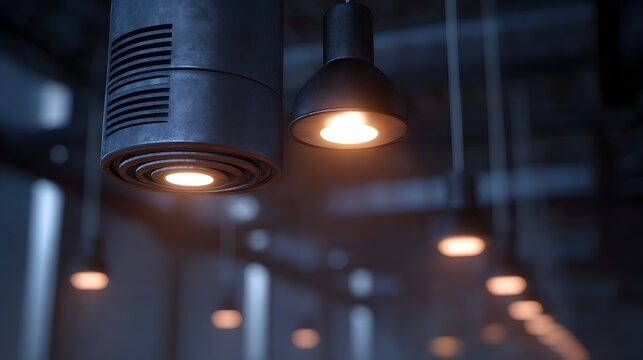A row of industrial pendant lights with warm glowing bulbs hang from a dark modern ceiling - Powered by Adobe