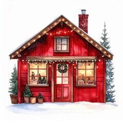 Festive Red Cabin with Christmas Lights