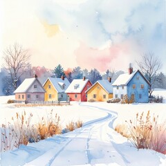 Colorful Winter Cottages in Snowy Landscape