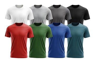 Group of eight blank t shirts in various colors laid out on white background