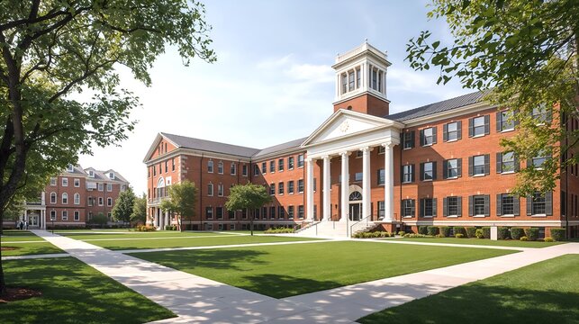 A Classic Academic Building on a Sunny Day: A stately building with lush green spaces and walkways, a symbol of education and history