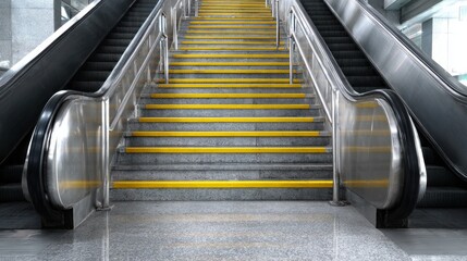 Steps of a sleek escalator ascend in perfect symmetry, highlighted by bright yellow safety lines against a polished surface, creating a sense of order and safety in a bustling space