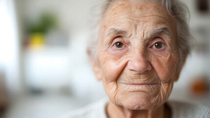Close-up portrait of a serene elderly woman with a gentle smile, showcasing the beauty of aging and life experience in her eyes and wrinkles. A testament to resilience.