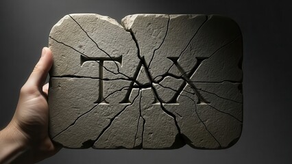 A hand is holding a cracked stone tablet engraved with TAX in ancient symbolic style.
