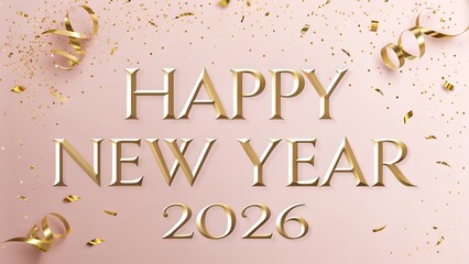 Happy New Year 2026 with Gold Confetti and Ribbons on a Pink Background - Festive Celebration Graphic