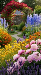 A vibrant garden path with colorful flowers and a rose-covered archway.