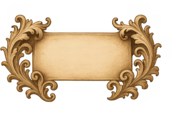 Ornate baroque scroll frame with blank parchment banner creating an elegant vintage design element, transparent background