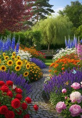 A Vibrant Garden Path Bursting with Colorful Blooms.