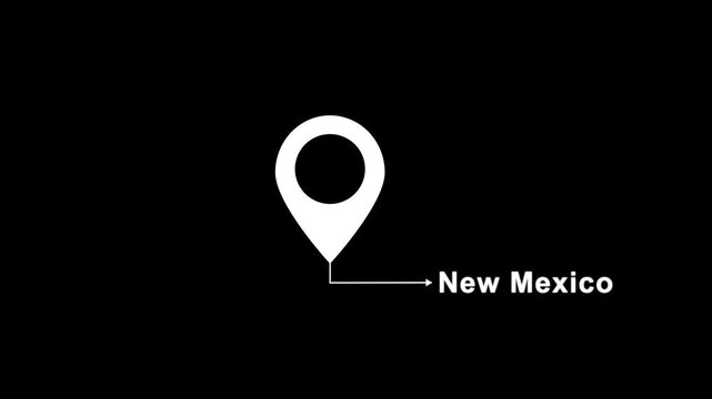 This is a United States state. location of the city of New Mexico on black screen. location icon animation. Country GPS location tracking icon. location pin appearing.