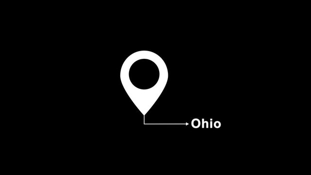 This is a United States state. location of the city of Ohio on black screen. location icon animation. Country GPS location tracking icon. location pin appearing.