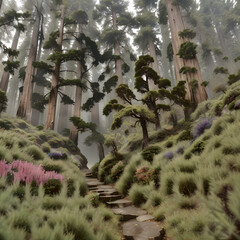 Stone Pathway among Redwood Trees and Flowers