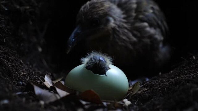 Bird hatching from cracked blue egg in dark nest