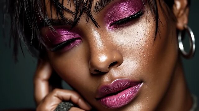 A close up of a woman with purple makeup and a ring on her finger