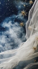 Golden Star Ornaments Draped in White Sparkling Fabric Against Dark Blue Background with Glitter and Haze for Celebratory Aesthetic