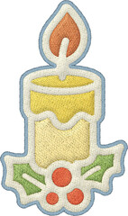 Christmas candle element patchwork embroidery design with holly berry detail creating warm festive decoration for winter