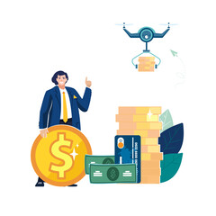 Business finance, people. Businessman using drone invests funds using drone delivering gold coins in new business project. Dollars, payment card, achieving goal, presentation. Vector illustration
