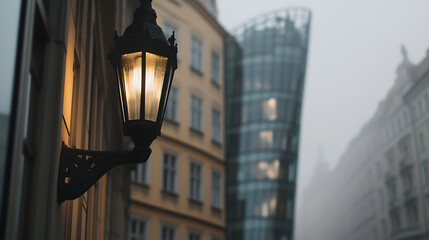 Illuminated lantern stands out in the city's quiet ambiance. Vintage meets modern, with classic architecture beside sleek, contemporary glass structures. Serene urban scene.
