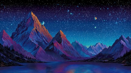 Pixelated Mountain Range And Starry Night Sky Over A Calm Lake With Colorful Gradient Tones