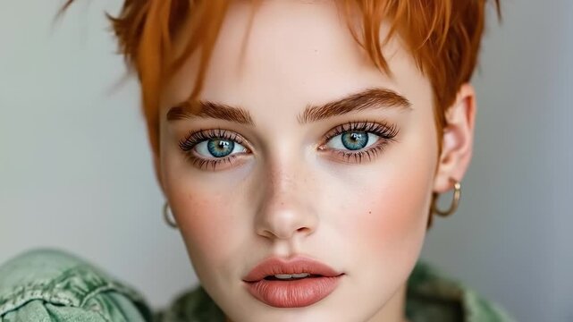 A woman with red hair and blue eyes wearing a green shirt