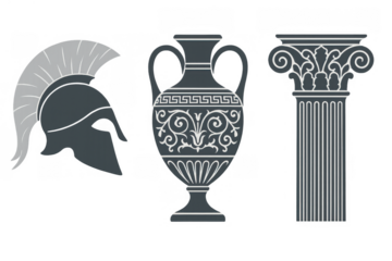 Ancient greek culture collection featuring a spartan helmet, ornamented amphora vase, and corinthian column, transparent background