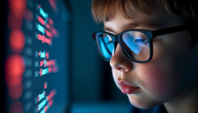 Closeup of a boy with glasses staring at a computer screen, code reflected in his eyes 