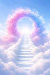 Himmelstreppe durch einen pastellfarbenen Wolkenring mit strahlendem Licht &ndash; spirituelles Fantasiebild