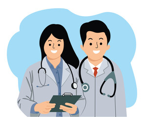 male and female doctor wearing white coat with stethoscope and holding clipboard. medicine concept doctors flat style