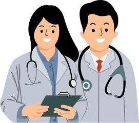 medicine concept doctors flat style. medical professionals. healthcare workers. male and female doctor wearing white coat with stethoscope and holding clipboard