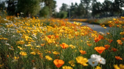 Scenic Meadow Landscape Featuring Vibrant Orange and Yellow Wildflowers Under Natural Sunlight with Blurry Trees and Path in Background