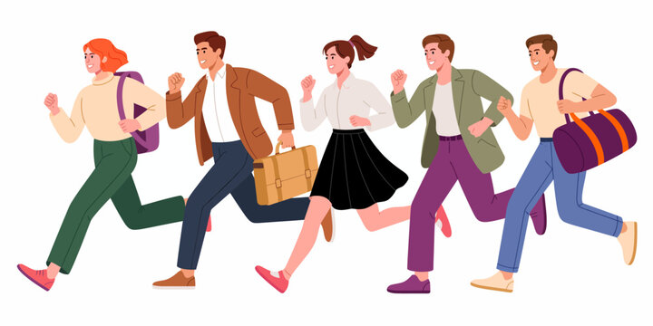 A lively illustration of diverse individuals running together in an urban setting, embodying the spirit of community, action, and the hustle of modern life through movement.