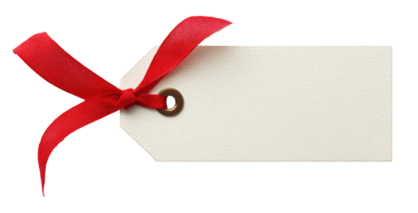 A white tag with a red ribbon tied to it, isolated on a transparent background